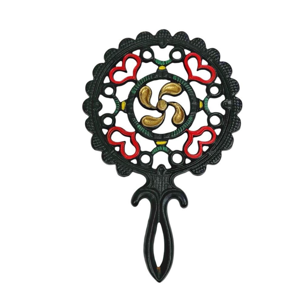 Vintage Cast Iron Trivet Black Painted PA Dutch Folk Style Propeller Fan Hearts